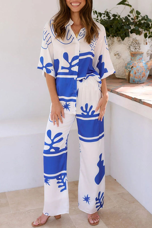 The Beach Girls Unique Color Block Print Button Up Shirt and Elastic Waist Pants Set