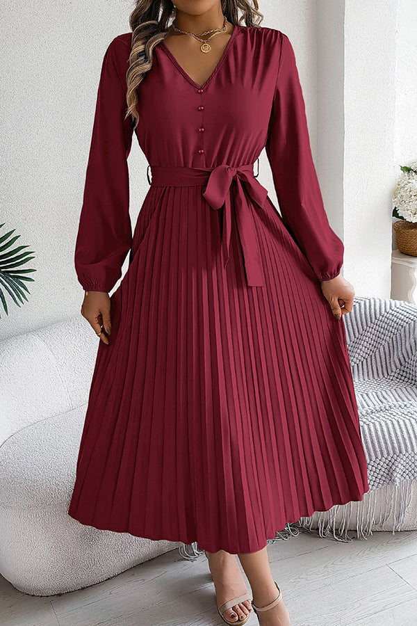 Solid Color Elegant V-neck Buttoned Lace-up Pleated Maxi Dress