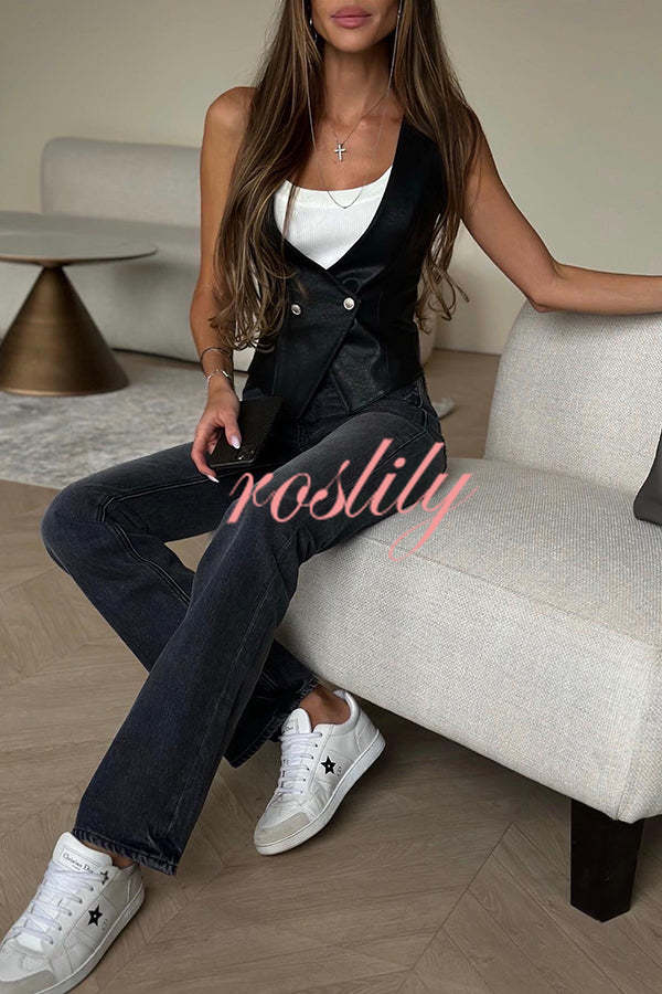 Stylish and Versatile Faux Leather Button Up V-neck Vest Top