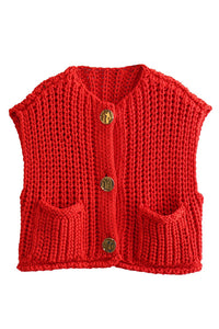 Solid Color Sleeveless Pocket Knitted Vest