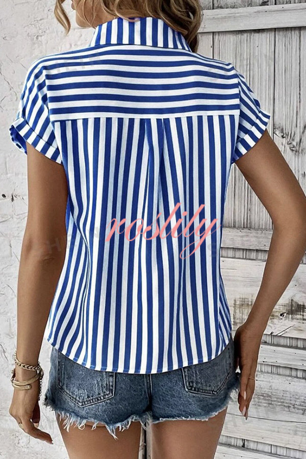 Striped Print Short Sleeve Pocket Shirt Top