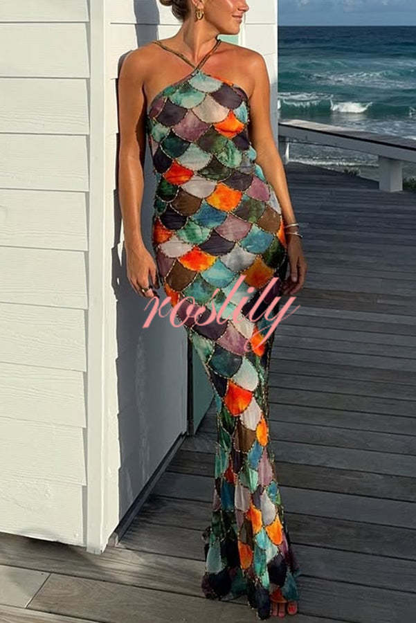 Little Mermaid Colorful Scales Print Halter Maxi Dress