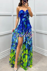 Loving Moment Gradient Unique Print Flowing Layered Ruffles Strapless Slit Maxi Dress