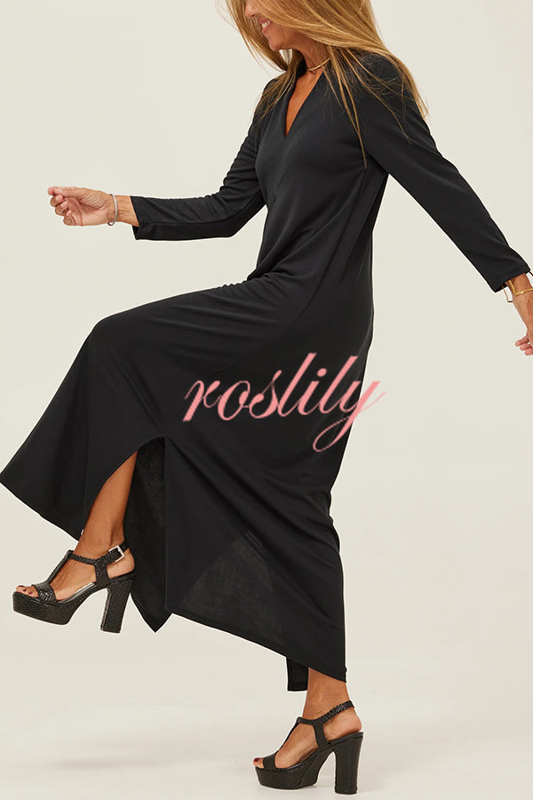 Solid Color V-neck Casual Slit Maxi Dress