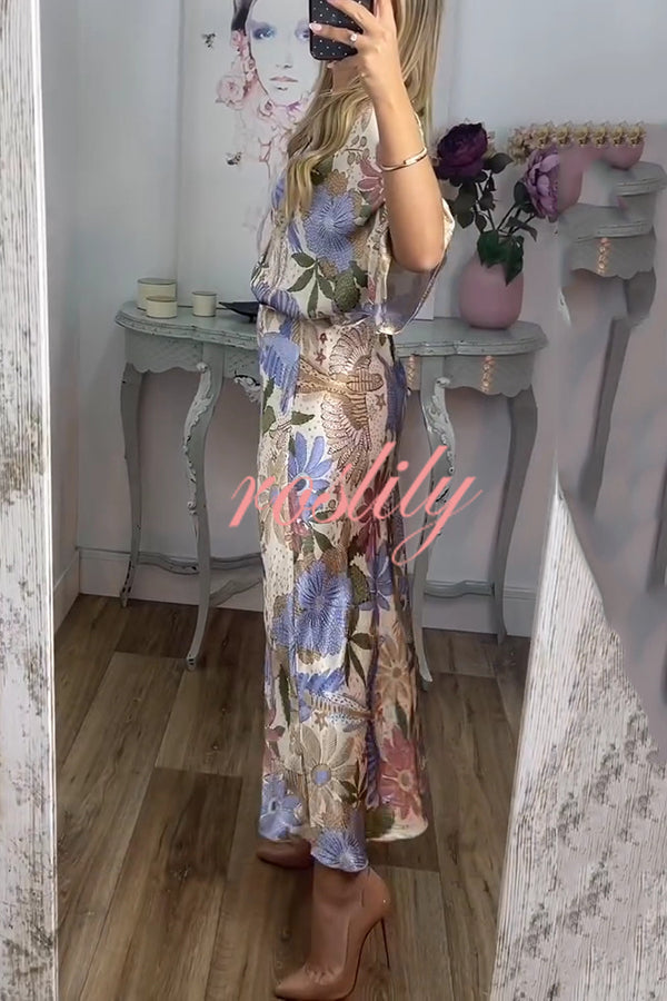 Satin Floral Print V-neck Half-sleeve Loose Top and Elegant Maxi Skirt Set