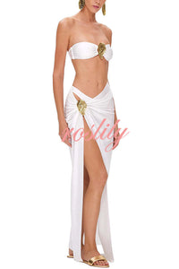 Matching The Beach Oyster Metal Decor High Slit Stretch Maxi Skirt