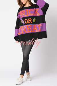 Halloween Letter Sequined Color Block Loose Casual Sweatshirt