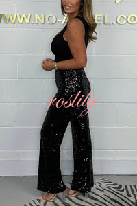 Sparkle Factor Sequin High Rise Elastic Waist Stretch Flare Pants