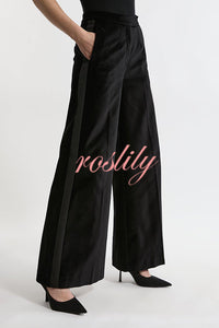 Cue The Cocktails Velvet Grosgrain Detail Pocketed Wide Leg Pants