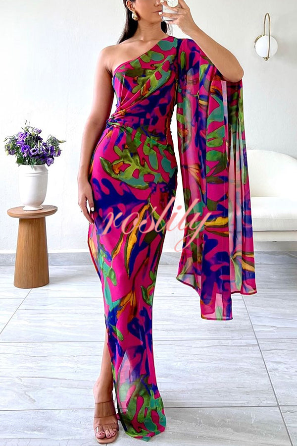 Colorful Printed One-sleeve Slim-fitting Slit Maxi Dress