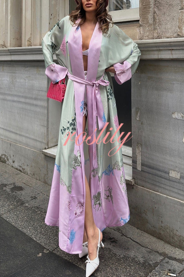 Karty Satin Unique Print Long Sleeve Belt Lapel Kimono Cover-ups