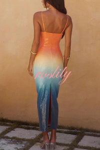 Sirene Sequin Unique Gradient Print Starfish Brooch Cutrout Slit Stretch Maxi Dress