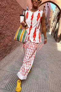 Good Luck Linen Blend Koi Pattern High Rise Elastic Waist Loose Pants
