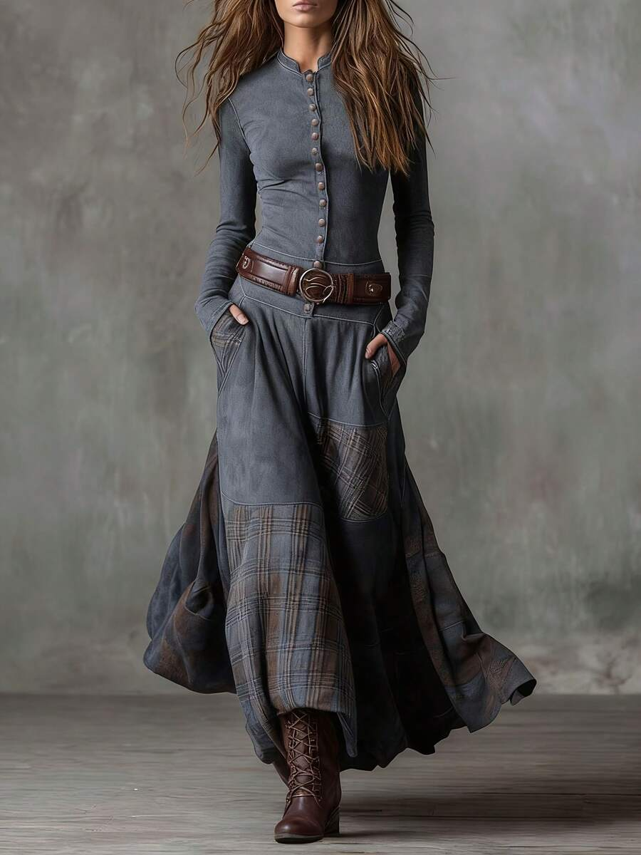 Vintage Boho Button-Up Patchwork Maxi Dress