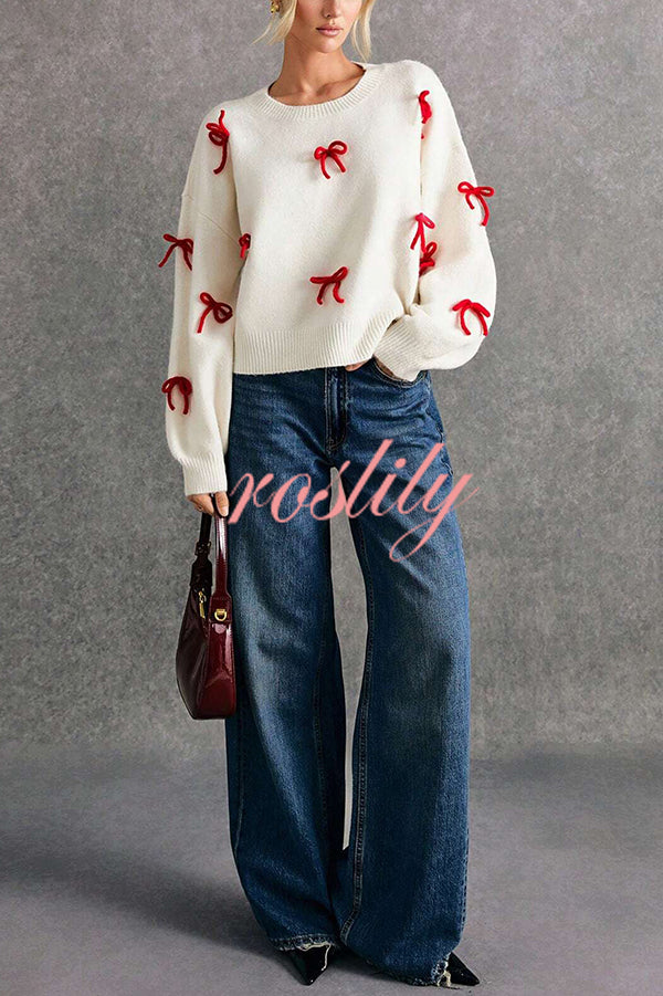 Christmas Bow Round Neck Loose Long Sleeve Knitted Sweater