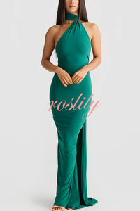 Sexy Backless Pleated Slim Solid Color Sleeveless Elegant Maxi Dress