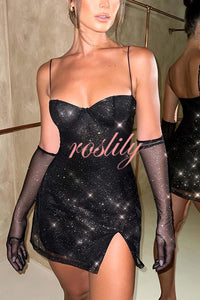 Glow At Night Glitter Fabric Slip Slit Mini Dress with Mesh Gloves