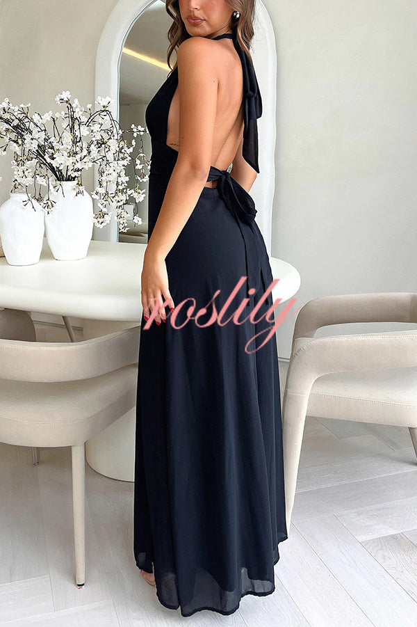 Sexy V-neck Backless Waist Tie High Slit Maxi Dress