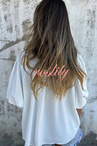 Solid Color Round Neck Button Pleated Short Sleeve Casual Shirt