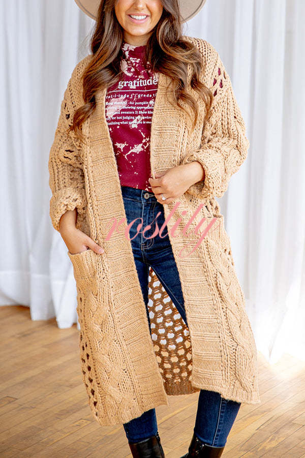 Jamila Knit Cable Cotout Long Sleeve Pocket Oversized Midi Cardigan