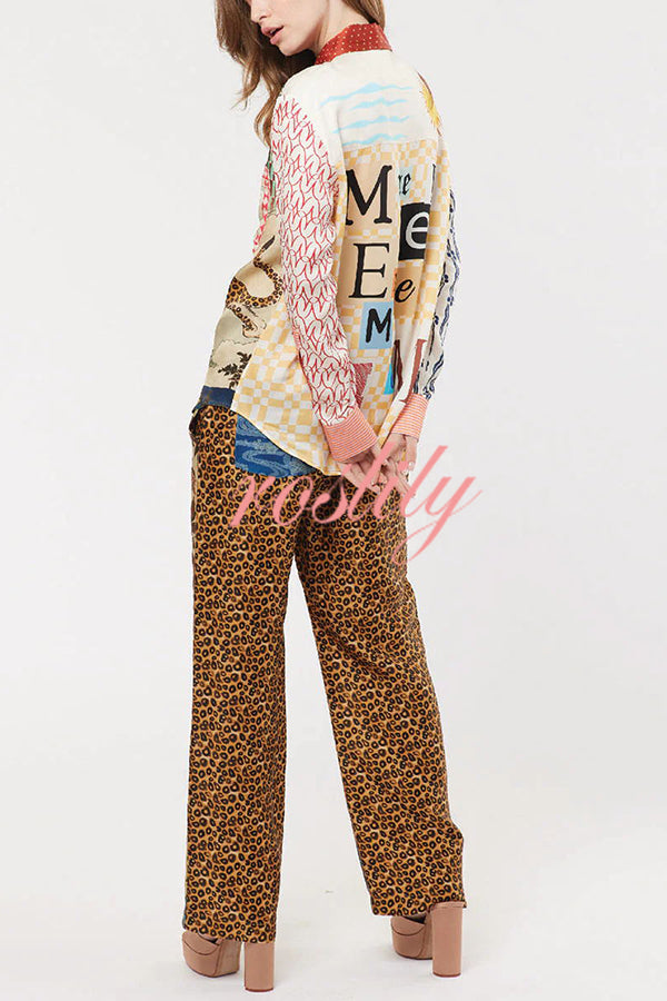 Tropical Jungle Tiger Unique Print Long Sleeve Loose Shirt and Elastic Waist Pants Set