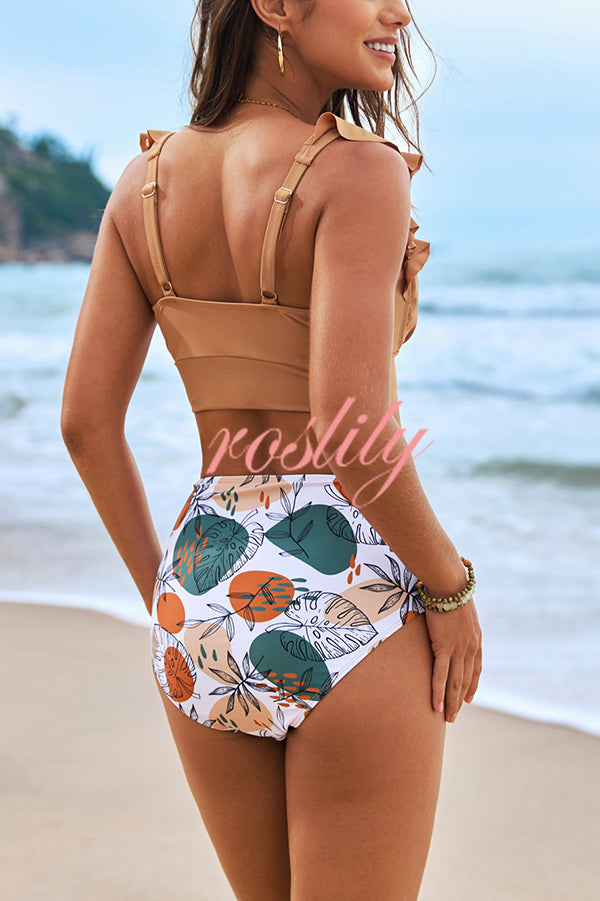 Botanical Print Ruffled Two-piece Stretch Bikini Swimsuit