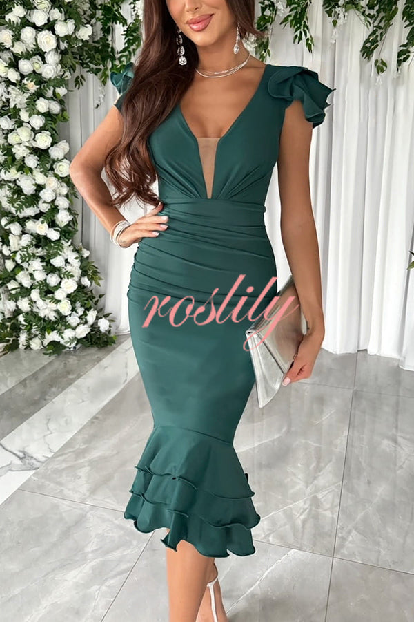 Gala Ready Tiered Ruffle Detail Ruched Formal Midi Dress