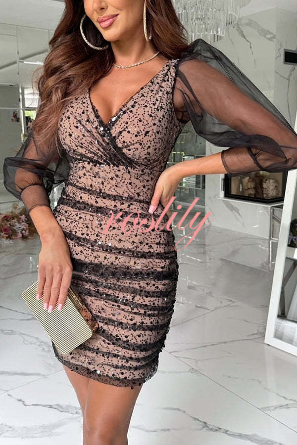 Lost in Your Eyes Mesh Sequin Balloon Sleeve Ruched Stretch Party Mini Dress