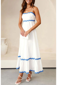 Bayside Beauty Wave Trim Patchwork Back Smocked Suspender Maxi Dress