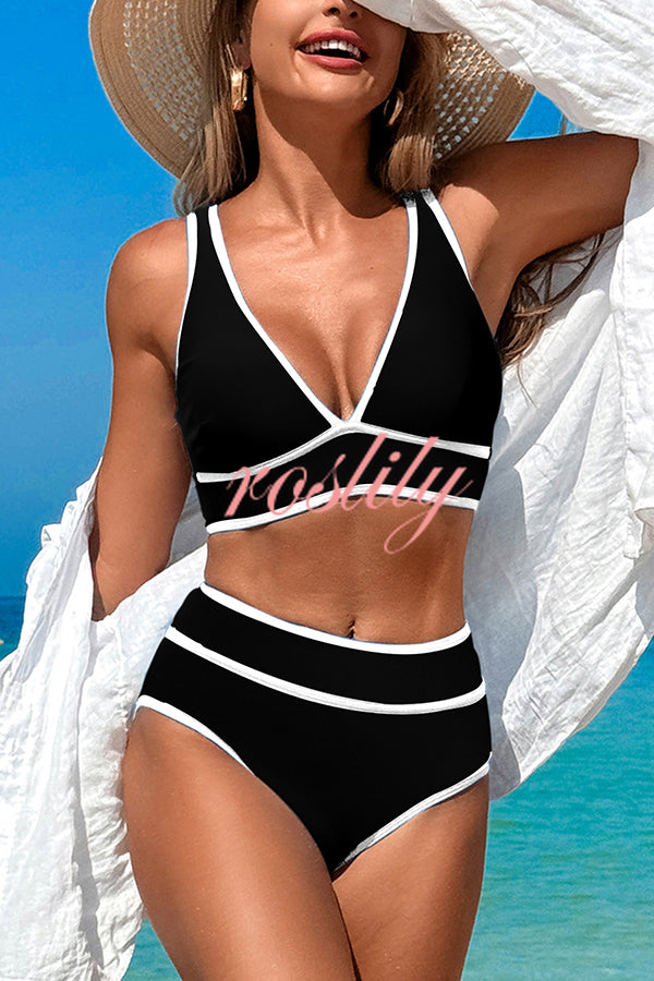 Solid Color Contrast High Waist Stretch Bikini Swimsuit