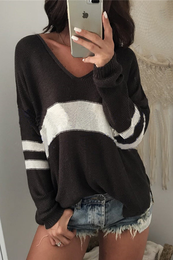 Fashionable Patchwork V-neck Long-sleeved Knitted Sweater