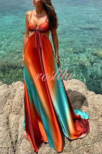 Neon Sunset Printed Metal Decoration Cutout Back Tie-up Vacation Maxi Dress