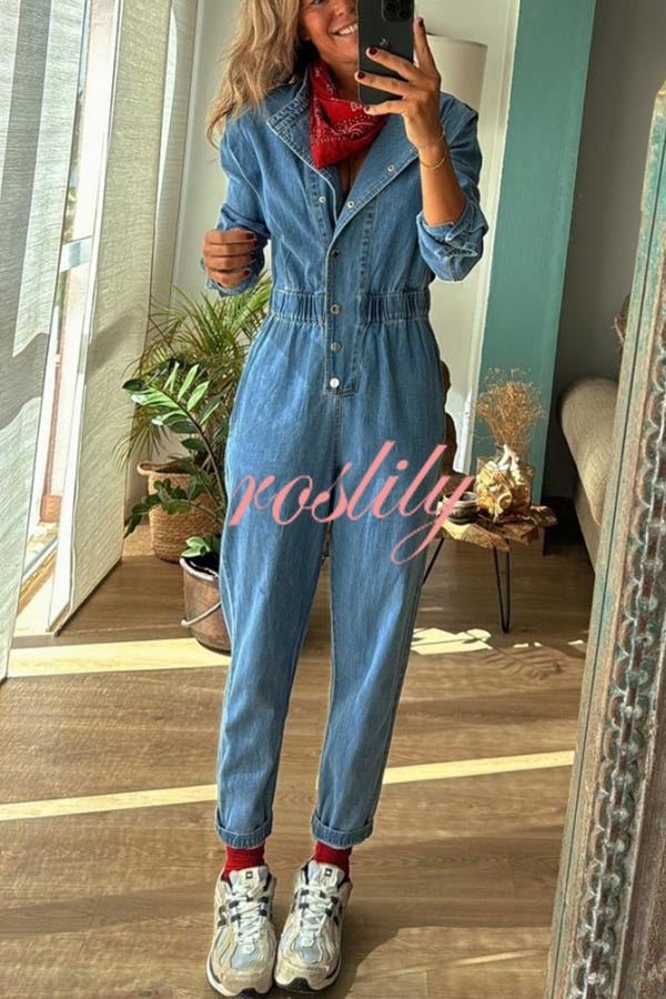 Carey Denim Button Up Long Sleeve Elastic Waist Pocketed Loose Jumpsuit