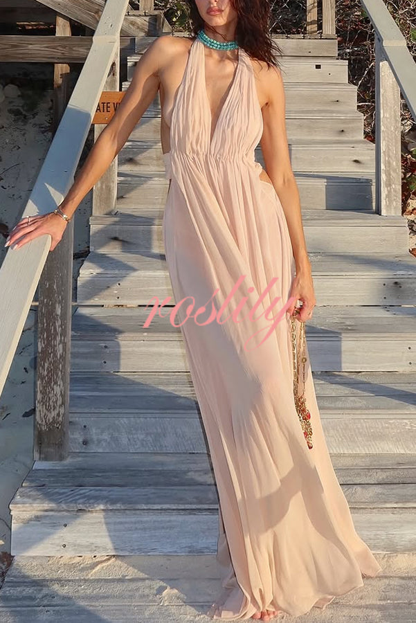 Ethereal Moment Tulle Cutout Ruched Waist Backless Halter Maxi Dress