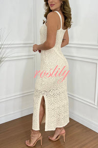 Zafina Crochet Knit Cutout Waist Texture Slit Stretch Maxi Dress