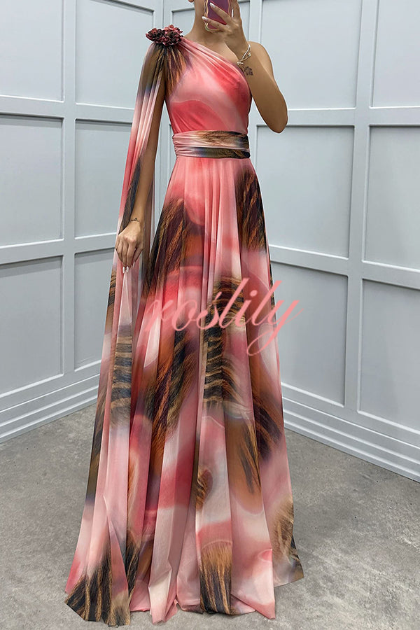 Lucia Unique Print Floral Detail One Shoulder Draped Sleeve Gown Maxi Dress