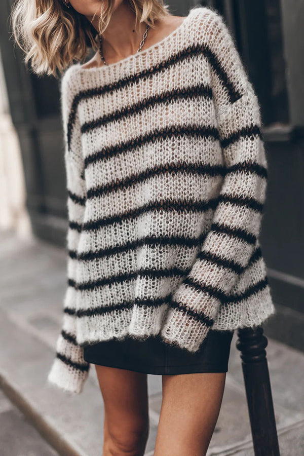 Time for Warmer Layers Fluffy Stripes Relaxed Knit Sweater