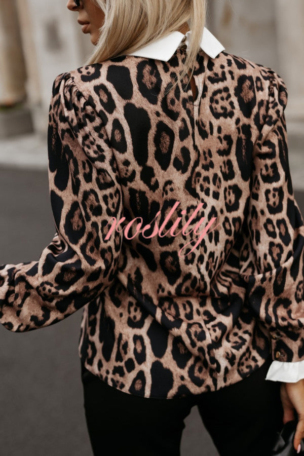 Leopard Print Lapel Long Sleeve Casual Shirt