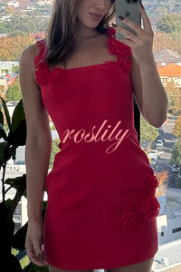 Crush on You Rose Applique Square Neck Wide Strap Mini Dress