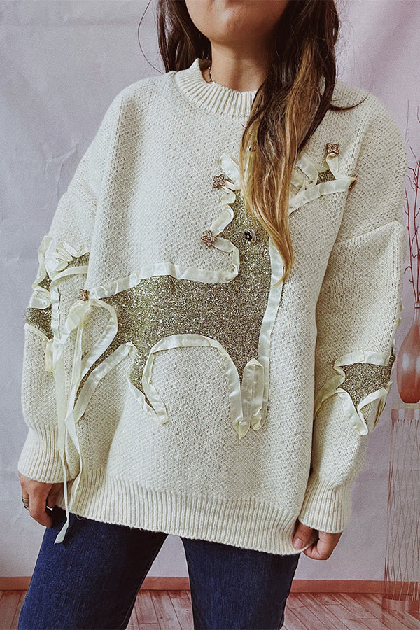 Christmas Pattern Knitted Crew Neck Long Sleeved Sweate