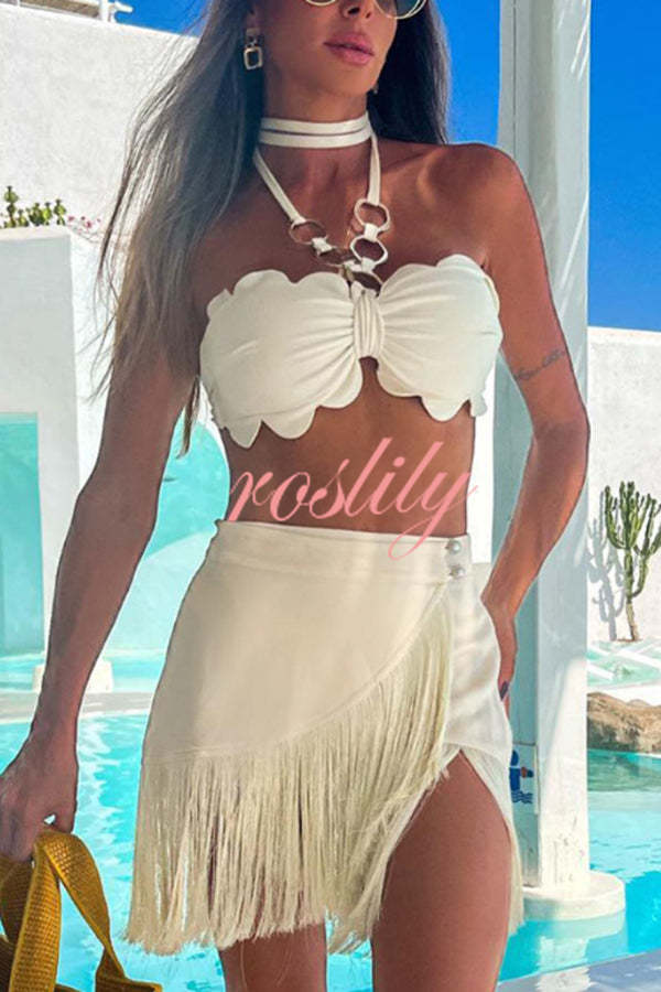 Solid Color Halter Neck Tassel Skirt Stretch Two-piece Bikini Swimsuit