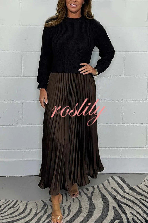 Stylish Knitted Round Neck Long Sleeve Patchwork Pleated Hem Maxi Dress