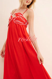 Red Fish Embroidered Sling Backless Maxi Dress