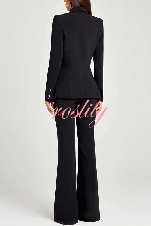 Women Power Metal Cross Snap Button Long Sleeve Lapel Blazer