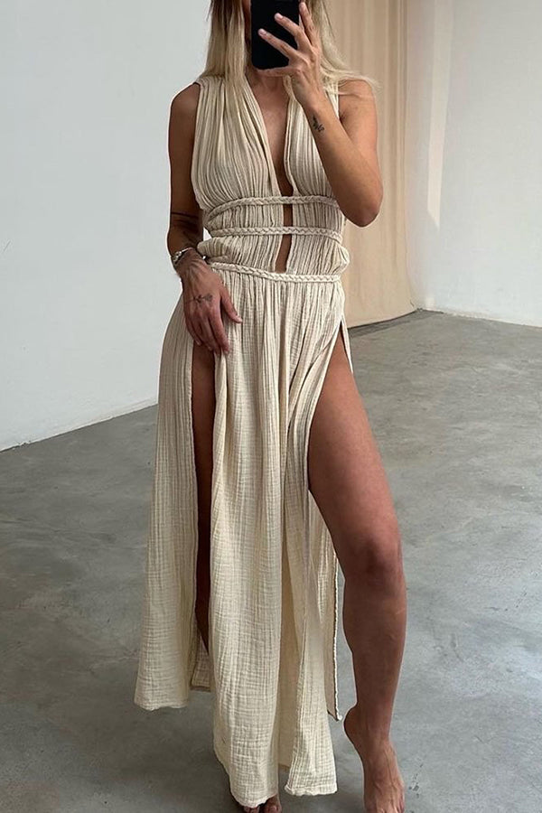 Boho with Elegance Linen Blend Braids Belt Cutout Slit Kaftan Maxi Dress