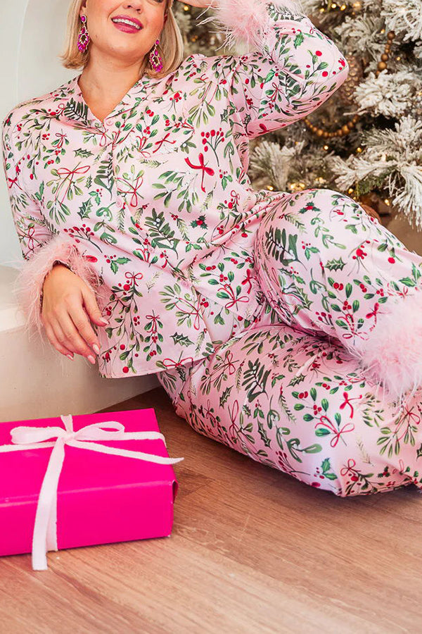 Iconic Holiday Printed Feather Trim Elastic Waist Pocketed Pajama Set