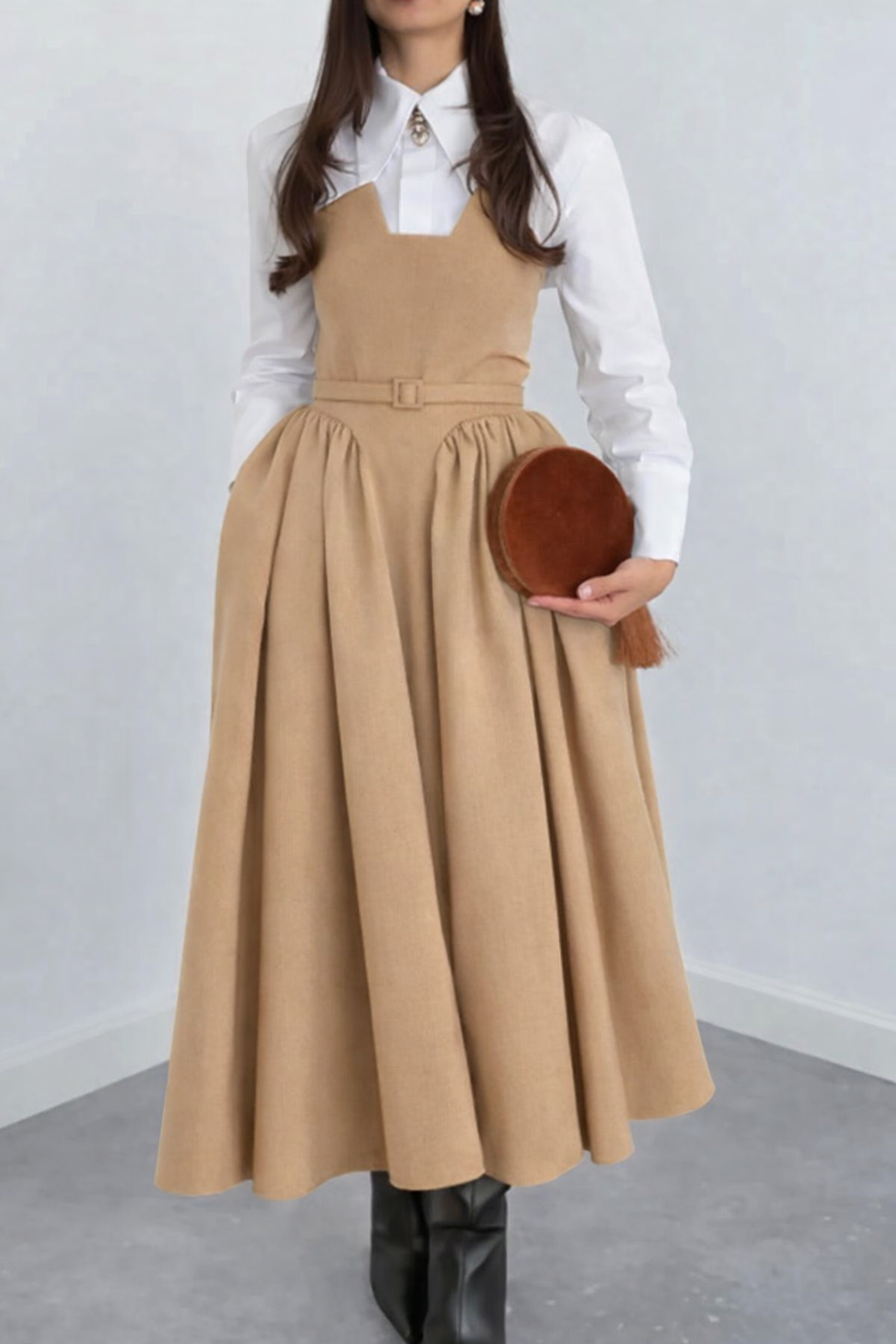Lapel Collar Shirt And Strapless Patchwork Dress Set