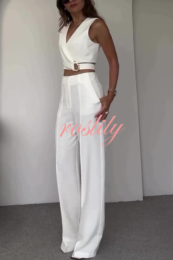 Crossover Slim Fit Sleeveless Vest and High Waisted Wide Leg Pants Set