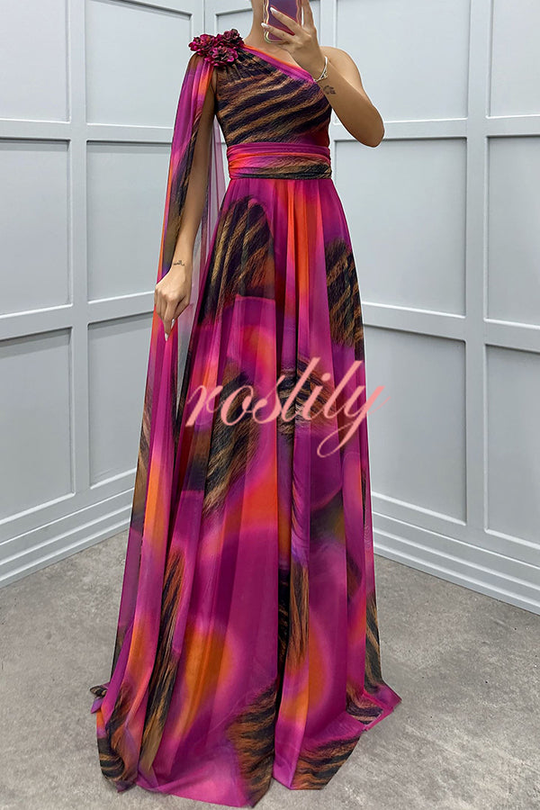 Lucia Unique Print Floral Detail One Shoulder Draped Sleeve Gown Maxi Dress