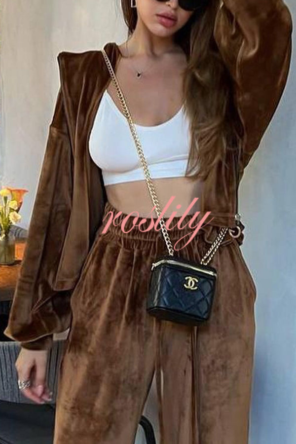 Velvet Casual Zip-up Hooded Top and Elastic Waist Wide Leg Pants Set